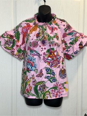 Banjanan Pink Floral & Bird Puff-Sleeve Top sz S | boho tropical coastal
